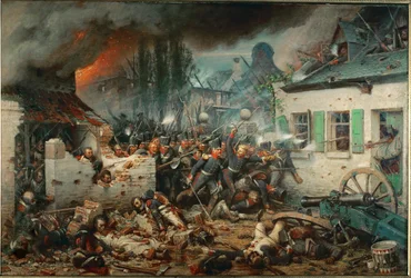 Wojska pruskie szturmują wioskę Plancenoit podczas bitwy pod Waterloo (olej na płótnie)