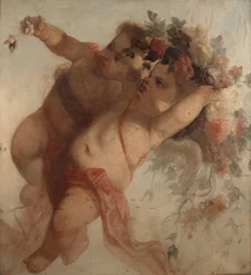 Muzyk miłości, fragment dekoracji obrazu Eldorado Adolphe Monticelli (1824-1886) wym. 100x90 cm Musee Grobet-Labadie