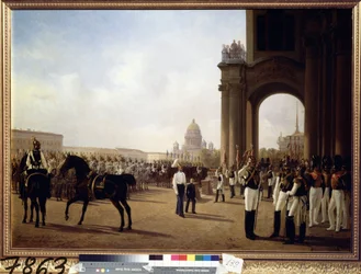 Parada wojskowa na Placu Pałacowym w Petersburgu (Parada na Placu Pałacowym w Petersburgu). Obraz Adolphe Ladurner (1798-1856), olej na płótnie
