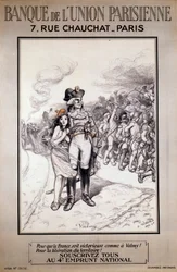 Bank Unii Paryskiej: „Aby Francja zwyciężyła jak pod Valmy! Za wyzwolenie terytorium! Niech wszyscy subskrybują 4. pożyczkę narodową!” Ilustracja Adolphe