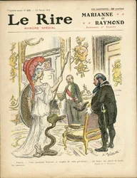 Ilustracja Adolphe dit Willette (1857-1926) na okładkę Le Rire, 22.02.13 - Prezydent Republiki, Kapelusz, Elysee, Fotel (symbol władzy) - Poinscare Raymond