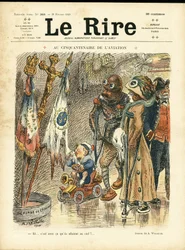 Ilustracja przedstawiająca Adolphe dit Willette (1857-1926) na okładkę Le Rire, 26.02.10 - W pięćdziesiątą rocznicę lotnictwa - Lotnictwo, moda, kapelusz, wypadki Katastrofy