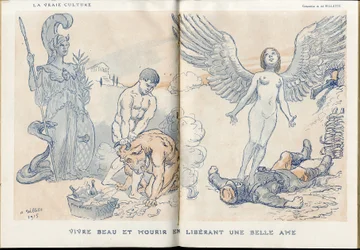Ilustracja przedstawiająca Adolphe dit Willette (1857-1926) w „”Fantasio”””, 01.05.15 - Żyć pięknie i umierać poprzez uwolnienie pięknej duszy - Wojna 14-18, Martwe trupy, Barbary/Kultur, Jam of Skull - Żołnierze