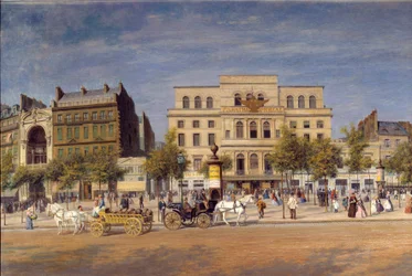 Widok ogólny teatrów bulwaru du temple przed przebiciem bulwaru księcia Eugeniusza, fragment paryskiego Caleches przed Teatrem Cesarskim. Obraz Adolphe Potemont (1828-1883)