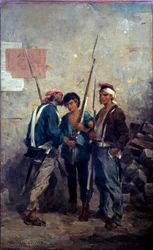Rewolucja 1848 r.: „”hasło”””” Powstańcy paryscy przekazujący słowo przy barykadach w dniu 24.02.1848 r. Obraz Adolphe Pierre Leleux (1812-1891) 1848 Nd. 0,93x0,58 m²