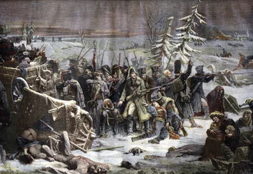 Marszałek Michel Ney (1769-1815) wycofujący się z Rosji w 1812 roku. Rycina według obrazu Yvona.