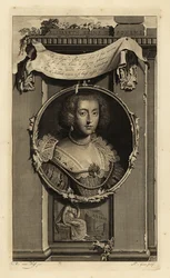 Elżbieta Stuart, królowa Czech, elektorka Palatynatu, żona Fryderyka V, Króla Zimy. Elżbieta, Reine de Boheme. W sukience z dość rozciętymi rękawami, koronkowym kołnierzykiem z perełkami. Winieta przedstawiająca kobietę zastanawiającą się nad upadłą koroną