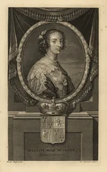 Henrietta Maria z Francji, żona króla Anglii Karola I. Henrietta Maria de France. W sukience z koronkowym kołnierzykiem, naszyjnikiem z pereł. Z koroną i herbem. Miedzioryt Charlesa Simonneau według Adriaena van der Werff z dzieła Isaaca de Larreya H