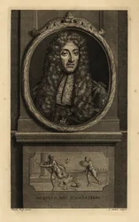Król Anglii Jakub II, Szkocja Jakub VII, Jakub II Roy d’Angleterre. W peruce, koronkowej chustce, łańcuszku z figurą św. Jerzego i smoka. Winieta przedstawia cesarza rzymskiego tracącego koronę na rzecz żołnierza. Miedzioryt autorstwa Jeana Audran według A