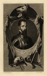 Portret Ferdynanda Alvareza de Toledo y Pimentel, 3. księcia Alby, czyli Żelaznego Księcia. W zbroi z łańcuchem Orderu Złotego Runa. Z wilczą skórą, ludzkimi czaszkami, mieczem, sztyletem i pistoletem skałkowym. Ferdynand de Tolede, książę d’Albe. Miedź
