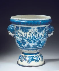 Duża niebiesko-biała urna ogrodowa Delft z mitologicznego ogrodu w stylu barokowym, ok. 1700 r. (ceramiczna)