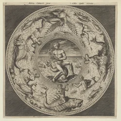Projekt na talerz z Arionem jadącym na delfinie w medalionie otoczonym przez morskie potwory..., c1600.