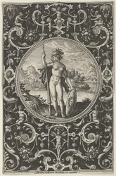 Minerwa w ozdobnej ramie z groteskami, z Sądu Paryskiego, ok. 1580-1600.