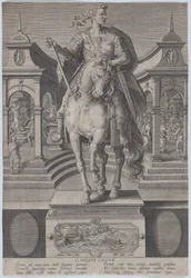 Ilustracja 1: Posąg Juliusza Cezara na koniu, widziany od przodu, ze sceną..., ca. 1587-89.