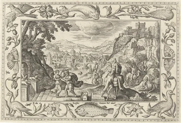 Rebeka i Eliezer przy studni Pejzaże ze scenami biblijnymi, mitologicznymi i polowaniami (tytuł serii)