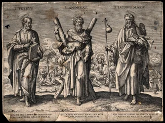 Święty Piotr Apostoł, święty Andrzej Apostoł i święty Jakub Starszy. Rycina.