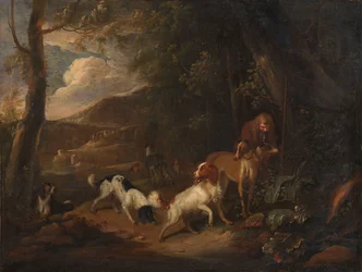 Hunter with Hounds at the Edge of a Wood   1393043   pl       polish Successfully Translated  Original: Woman Playing Music (recto); Krishna Stroking Radhas Feet (verso) Translat: Woman Playing Music (recto); Krishna Stroking Radha