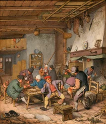 Pokój w karczmie z chłopami pijącymi, palącymi i grającymi w tryktraka - Praca Adriaena Jansz van Ostade (1610-1685) Ołówek, kreda i akwarela na papierze