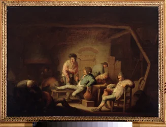 Scena karczmy. (Scena w Tawernie). Obraz Adriaena Jansza van Ostade (1610-1685), ok. 1635. Szkoła holenderska, styl barokowy. Olej na drewnie. Muzeum Puszkina w Moskwie.