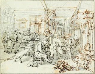 Grupa chłopów w karczmie (Towarzystwo Chłopów w karczmie) - Rysunek Adriaen Jansz van Ostade (1610-1685), ołówek i tusz indyjski na papierze, ok. 1675 - Albertina, Wiedeń (Austria)