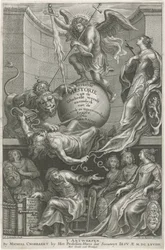 Alegoryczna strona tytułowa z powaloną zawiścią Strona tytułowa dla: C. Hazart, Kerckelycke historie, 1669