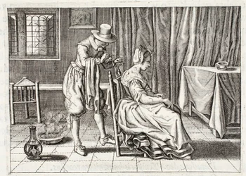 Aplikowanie pijawek, ilustracja z „Emblemata of Zinne-werk” Johannesa de Brune (1589-1658), Jan Jacobs Schipper, Amsterdam, 1661