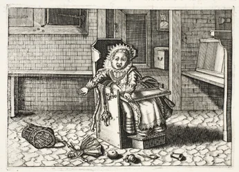 Dziecko płaczące po swoje zabawki, ilustracja z "Emblemata of Zinne-werk" Johannesa de Brune (1589-1658), Jan Jacobs Schipper, Amsterdam, 1661