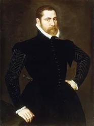 Portret dżentelmena, w ujęciu trzy czwarte postaci, w czarnym stroju z białą kryzą, 1564