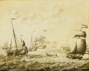 Holenderski połów śledzia, koniec XVII wieku (grisaille na panelu)