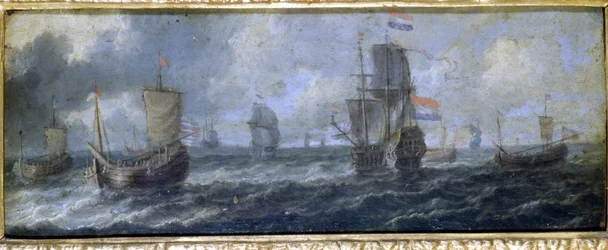 Holenderska marynarka wojenna. Obraz olejny A. van de Velde. XVII wiek.Museo del Castello de Milan
