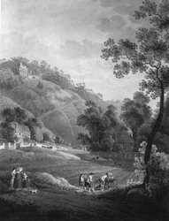 Widok na zamek Pillnitz z ogrodem i sztuczną ruiną, około 1792 r.