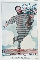 Karykatura Andre Michelin i Bibendum - ilustracja Adriena Barrere (1877-1931) w "Fantasio" z 01.07.1923
