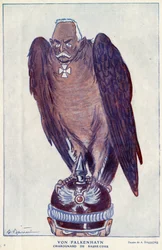 Karykatura niemieckiego generała Ericha von Falkenhayna (1861-1922) (Charognard Sądu Dolnego) w „Fantasio” 1916 – ilustracja Adriena Barrere’a (1877-1931)