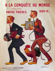 Plakat o braciach Pathe: „A la conquete du monde”” Charles Pathe i jego brat Emile w fonografach i projektorach. Ilustracja Adriena Barrere (1877-1931) XX-wieczny Paryż, biblioteka Arsenalu