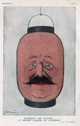 Robert Pelleve de La Motte-Ango (Motte Ango), markiz de Flers, francuski dramaturg (1872-1927). (Pierwsza latarnia akademii). Karykatura Barrere