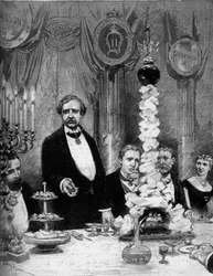 Bankiet wydany przez skandynawską kolonię Paryża na cześć odkrywcy Nilsa Adolfa Erika (Erica) Barona Nordenskjolda (Nordenskiolda) (1832-1901) w hotelu Continental. Prezenty to: hrabia Kapnitz, profesor Nordenskjold, książę szwedzki Oscar (1859-1953)