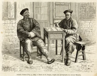 Szachiści. Grawer na podstawie rysunku A.Marie, dla zilustrowania podróży do Pekinu i północnych Chin, T.Choutze, w 1873, opublikowany w „Le tour du monde”” 1876, pod redakcją Edouarda Chartona, wyd. Hachette, Paryż. Kolekcja Selva.