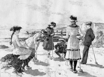 Dzieci bawiące się w krokieta na plaży. Grawer autorstwa Adriena Marie w „”Le Monde Illustré”” nr 1277 z 17 września 1881 r.