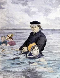 Lekcja pływania - rysunek Adriena Marie (1848 - 1891), koniec XIX wieku