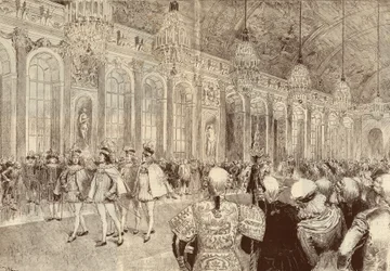 Procesja rycerzy Zakonu Ducha Świętego (Ducha Świętego) w lodowej galerii zamku w Wersalu w dniu Pięćdziesiątnicy w 1789 r. Rysunek Adriena Marie z 1889 r.