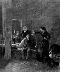 Przedstawienia teatralne: V akt „Jack” Alphonse Daudeta (1840-1897) i H. Lafontaine z Miss Sisos (Cecile), M. Porel (Dr. Rivals), M. Chelles (Jack), Miss Montaland (Ida de Barancy) ). Paryż, teatr Odeon