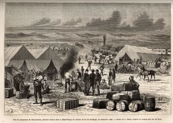 Widok na obóz Black Buttes, ostatnią stację na czerwonej pustyni (pustynia Mojave) Kolei Pacyficznej, we wrześniu 1868 r., rycina wg rysunku A.Marie, ilustrująca podróż z Waszyngtonu do San Francisco, w 1868 r., autorstwa L. Simonin, opublikowany w