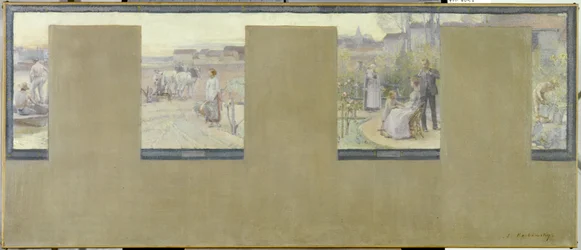 Szkic ratusza w Nogent-sur-Marne: Le canotage - le labourage - la villégiature - le jardinage, en 1889 (olej na płótnie (armure))