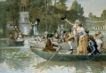 Serenade au Peer Trianon, ilustracja serenady ku czci królowej Marii Antoniny (1755-1793), przed 1789, rycina Adrien Moreau (1843-1906)