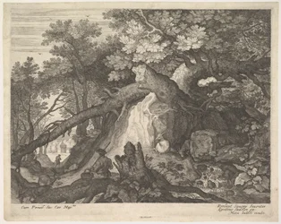 Mężczyzna trzymający laskę i siedzący na pniu drzewa, z dwoma kozami po obu stronach, surro..., ca. 1600.