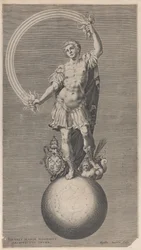 Alegoryczna postać wojownika stojącego na globusie z papieskim herbem a..., ca. 1588-1629.