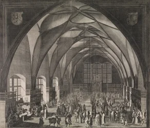 Widok wnętrza Sali Władysława na Zamku Praskim podczas dorocznych targów, 1607., 1607.