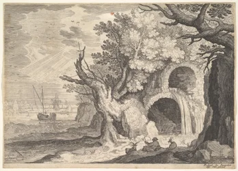 Zrujnowany akwedukt z wodą spływającą z niego do strumienia poniżej, statki na morzu za nimi, a..., ca. 1600.