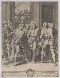 Biczowanie Chrystusa z biczami po obu stronach i postaciami oglądającymi z balkonu..., 1593.