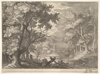 Scena leśna z bagnistymi brzegami, dwóch mężczyzn i pies z profilu po lewej, dwie długie szyje..., ca. 1600.